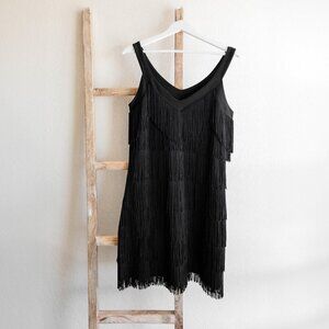 White House Black Market Dress Sz S Black Tiered Fringe Flapper Cocktail 20s